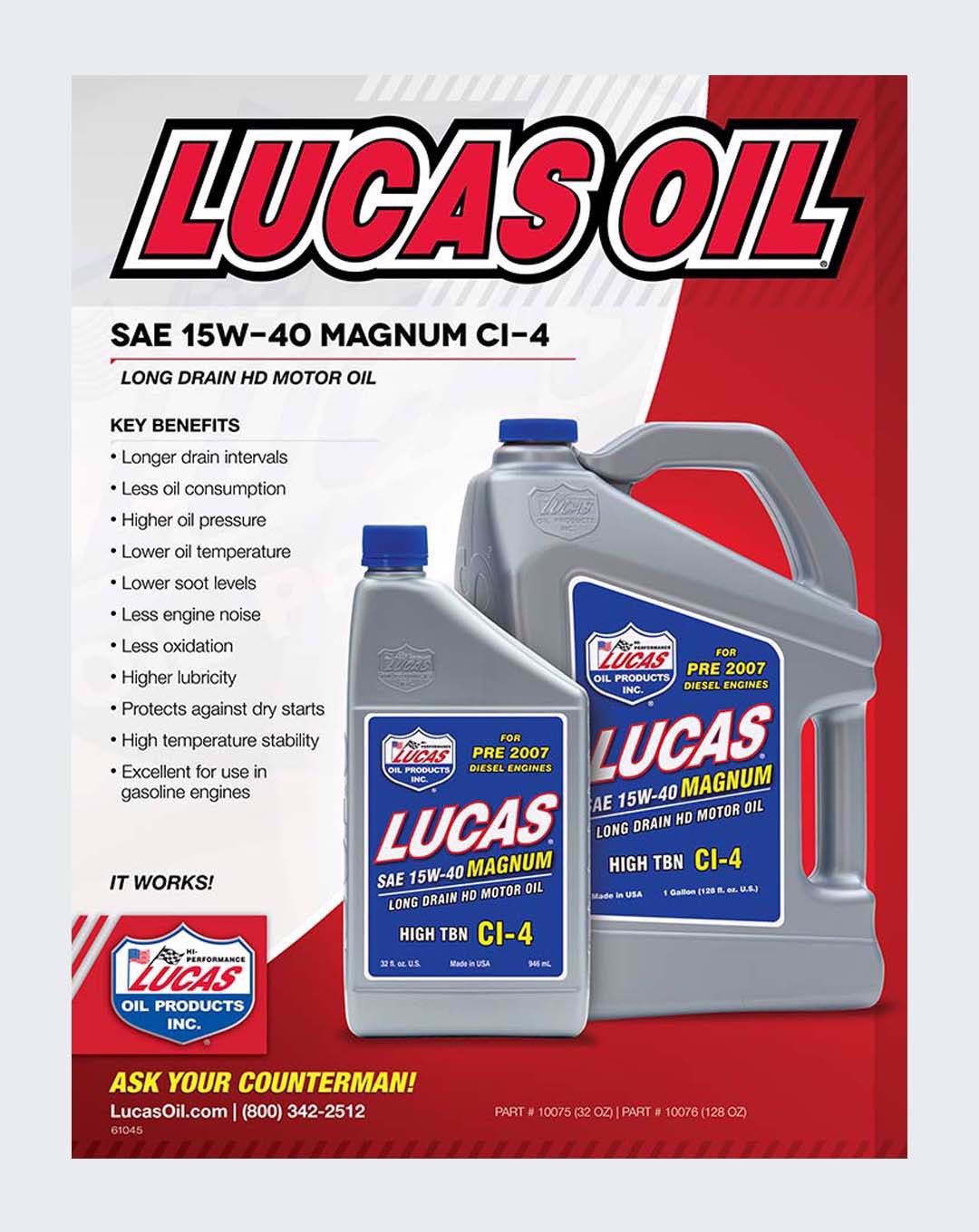 LUCAS OIL SAE 15W-40 MAGNUM MOTOR OIL CI-4 1 QUART - 10075